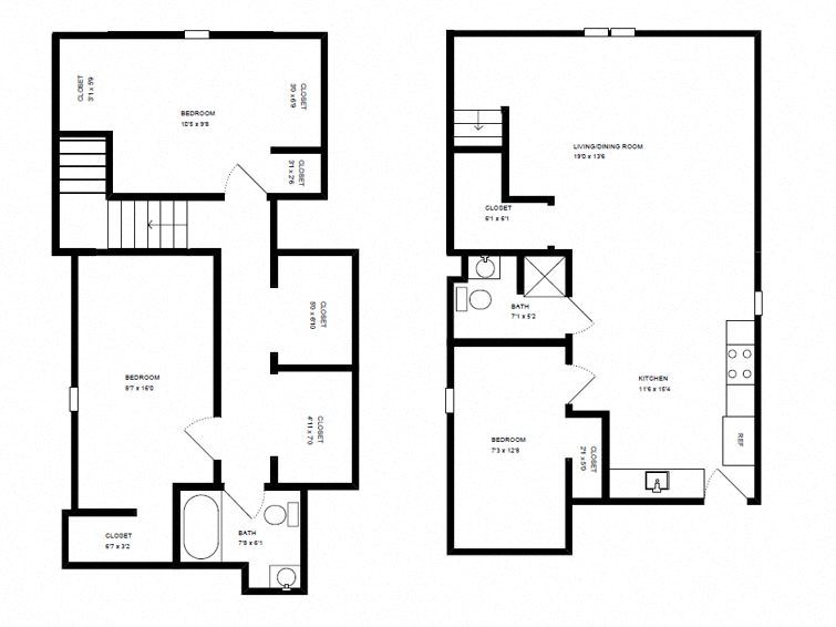 Floor plan for 3 beds, 2 baths, 551 sqft